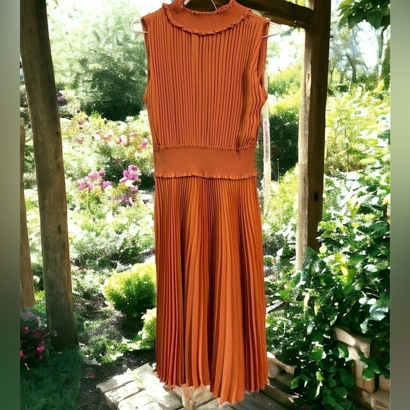 Nanette Leopore Mock Neck Terra Cotta Accordion Pleated Midi Dress Size 4 NWT! - Picture 3 of 16
